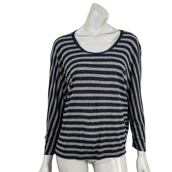 VINCE Large Scoop Neck Dolman Sleeve Pullover Blouse Gray Navy Stripe - Picture 3 of 8